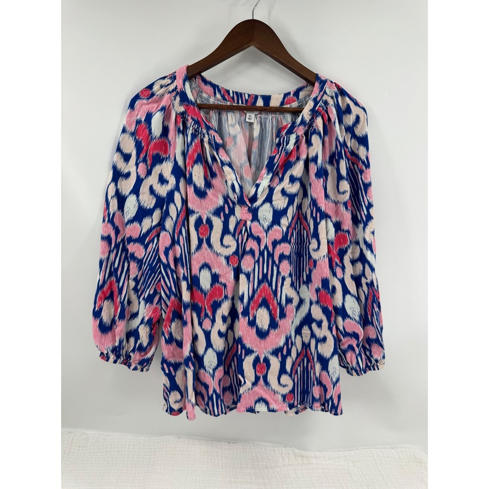 Crown & Ivy Blouse XL Blue Pink Ikat V-Neck 3/4 Sleeve Peasant Top